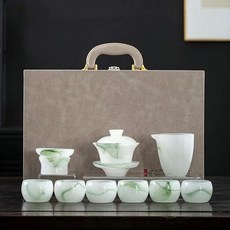 玉瓷琉璃茶具套裝 功夫茶杯 蓋碗 白玉 高檔家用禮盒裝 透明, 1個, 飄綠琉璃套裝（禮盒裝）