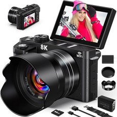 사진 촬영용 8K 디지털 카메라 - WiFi 88MP 자동초점 유튜브용 브이로그 3인치 180° 플립 스크린 UHD 영상 초보 사진가 선물 18배 줌 렌즈 후드 64GB 카드, 8K 88MP, Black