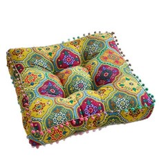 해피유통 보헤미안 스타일 다채로운 디자인 면 재질 쿠션 편안한 좌식 방석, 42*42*7cm, 노란색