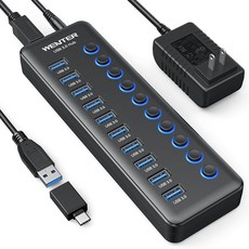 전원 USB 허브 Wenter 10포트 스플리터 허브 3.0 개별 LED 온/오프 스위치 및 A-C 어댑터 12V/3A PC 노트북 데스크톱용 3.0, 전원 USB 허브, Wenter 10포트 USB 스플리