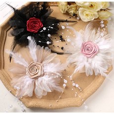 쉬폰 깃털 장미 로즈 플라워 꽃 진주 장식 코사지 의류 가방 모자 diy 부자재 재료, 1개, 핑크킷털 핑크장미