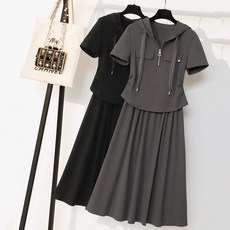 여성 빅사이즈 여름 투피스 루즈핏 후드 반팔 티셔츠+롱 스커트 캐주얼 세트