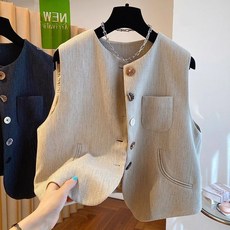 COSYEVNO 봄가을 여성 정장 숏 조끼 빈티지 간략하다 접합 스트라이프 라운드넥 상의