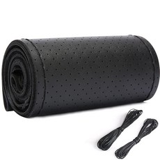 소가죽 자동차 스티어링 휠 커버 대형 트럭 대형 버스 45.7-48.3cm(18 1/8-19인치) 범용 스티치 온 랩 DIY 바늘 및 스레드 포함 (블랙 천공 XXXL), 블랙 천공