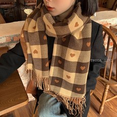杜達女孩 棋盤格愛心雙面圍巾披肩 栗子色