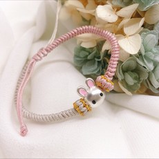 儒家寶寶 純銀手繩/999純銀 兔子編織手繩/手鍊 粉色撞色 寶寶彌月飾品
