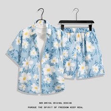 男夏季短袖碎花襯衫短褲套裝