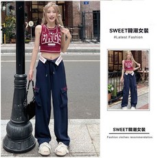 多巴胺套裝2025新款帥氣夏季無袖背心上衣潮流闊腿工裝褲子兩件套