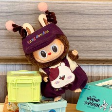 labubu 아기 옷 좌석 파티 1 2 3세대 의류 정장, 1세대  2세대  3세대에 적합(인형 제외), 곰 양털 의상(뾰크 캡 + 조끼 + 빕 바지)