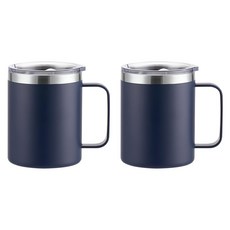 1+1 강력 보온 머그컵 텀블러 세트 뚜껑있는 머그 잔 스텐 보냉 컵 물컵 뚜껑 손잡이 스텐컵 보틀 병 컵텀블러 뚜껑컵 텀블러컵 리유저블 보온컵 2p 커플 물병 휴대용, 네이비, 1세트, 450ml, R99858N(네이비 2개입