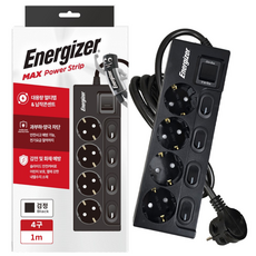 에너자이저 개별스위치 멀티탭 고용량 4구 납작플러그 과부하차단 16A, 블랙(개별스위치 4구), 1개, 1m