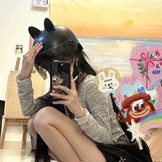 DFMEI 新款貓耳朵電動車頭盔3c認證男女夏季騎行防曬安全帽四季通用, 1個, 黑色茶短鏡+黑貓耳