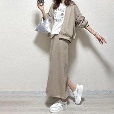 라운드넥 단추 스트레이트 스커트 투피스 세트, 모카, S, 1개