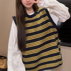 한국 스타일 가을 겨울 루즈핏 스플라이싱 레이어드 라운드넥 조끼 배색 민소매 스트라이프 스웨터 여성 조끼