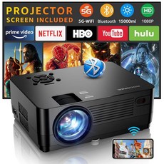 5G WiFi 및 블루투스 프로젝터 1080P 기본 프로젝터 [프로젝터 화면 포함] 풀 HD 18000LM 영화 100인치 디스플레이 홈 시어터 휴대폰/노트북/TV 스틱 지원, jector Scr n Included, Bla, Black