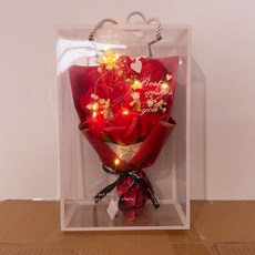 台灣發貨 統編 限時下殺 母親節520禮物碎冰藍香皂玫瑰花束帶燈手提禮盒創意禮品畢業花束 情人節花束 香皂仿真花 永生, （9朵大紅色玫瑰滿天星+PVC禮盒+燈串, 1個