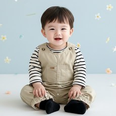 몽실이 베이지 포켓 오버롤즈 유아용 아동 봄가을 2PCS 스트라이프티 멜빵 외출복