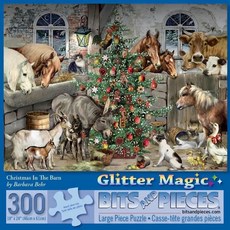 [4] Bits and Pieces 성인용 300피스 직소 퍼즐 - 헛간 속의 크리스마스 - 글리터 글리터 동물 휴일 겨울 나무 말 소 직소 퍼즐 아티스트 Barbara Beh, 300 Piece "Christmas In the Ba