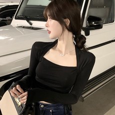 韓版方領長袖上衣 - 性感修身顯瘦短版女裝, 黑色