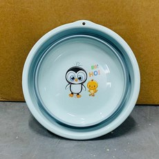 無品牌 加厚可折疊洗臉盆 旅遊便攜式洗頭洗腳盆, 1個, 企鵝中號天青色 送掛鈎