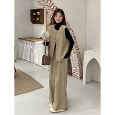 休閒套裝女 卡其色小香風馬甲長褲套裝女 秋季輕奢感 韓版顯瘦闊腿褲兩件套