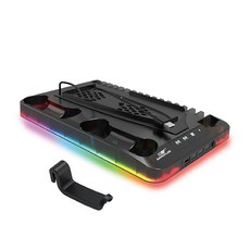 QTR PS5 散熱風扇直立式充電底座，支援雙手把充電與炫彩RGB燈效, 透黑, 1個, B款-PS5/SLIM專用-透黑有卡架