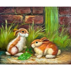 戊辰美學 純手繪油畫 療癒兔子 小品畫 動物系列 鄉村風牆面藝術 家居掛畫 24.5x20cm, 1個, 兔寶24.5*20cm