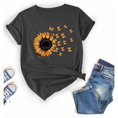 보헤미안 해바라기 나비 티셔츠 귀여운 야생화 반팔 티셔츠 (US 알파 XX-라지 레귤러 레귤러 컬러 B), 색상 B