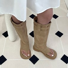 유니크 스웨이드 둥근코 쪼리라인 토오픈 실루엣 롱부츠