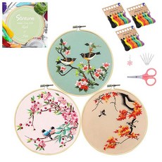 Santune 성인용 자수 키트 3팩 십자수 키트 새 패턴 3가지 설명서(한글이 아닐 수 있음) 후프 1개 실 및 바늘 6개 여성용 핸드 니들 포인트 세트, Cut Bird 시리즈