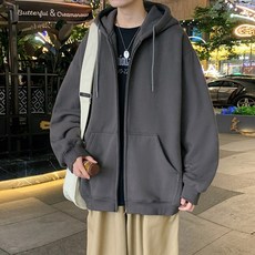 韓系男女同款連帽外套 - 厚磅刷毛寬鬆拉鏈開衫衛衣