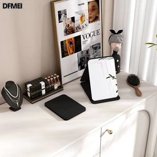 DFMEI led化妝鏡隨身便攜可摺疊帶燈充電梳妝鏡桌面補光皮殼鏡, 【黑色小號無燈款】不帶燈光:如圖