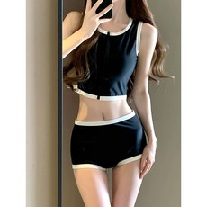 特價秒殺 分體泳衣女 新款爆款 純慾保守 高級感設計 微胖女孩遮肚顯瘦 修身顯瘦 時尚泳裝 海邊度假必備, 黑白兩件套,M(90-100)