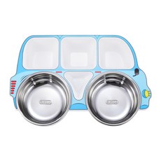 DFMEI 304不鏽鋼兒童汽車餐盤，附勺子叉子，分格設計輔食餐具套裝, 1個, 藍色單餐盤:如圖
