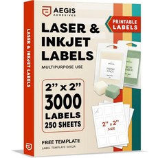 2인치 X 정사각형 인쇄용 라벨 잉크젯 및 레이저 프린터용 30장 360매 매트 화이트 맞춤 스티커 비즈니스 로고 QR코드 제품 라벨링용 에이기스 접착제 템플릿 S002A, 2" X 2", 250