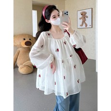 임산부 봄 긴팔 티셔츠 임부 스퀘어넥 긴팔 블라우스 루즈핏 임부복 상의 YXF