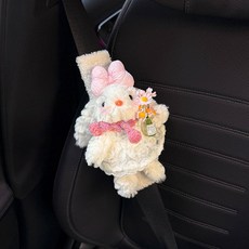 裝扮兔 創意兔子汽車安全帶護肩套 可愛裝飾, 抱花蝴蝶結兔兔+白色泰迪絨護肩, 1個