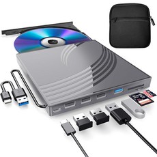 노트북용 외장 CD/DVD 드라이브 울트라 슬림 CD 버너 USB 3.0 허브 포트 4개 TF/SD 카드 슬롯 2개 타입 C 1개 노트북 DVD 플레이어 케이스 포함그, 노트북용 외장 CD/DVD 드라이브, 울트라 슬림 CD