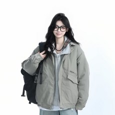 深藍色加厚寬鬆立領工裝風棉服外套 - 冬季保暖短款棉衣