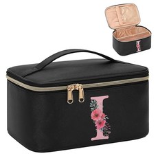 OCHEAL 이니셜 메이크업 가방 휴대용 화장품 대용량 여행용 케이스 오거나이저 레터 포함 블랙., I, 블랙