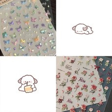 復古干枯玫瑰平面美甲貼紙 ins風啞光指甲筆桿裝飾貼, 1個, 六張【浮雕干枯玫瑰+翼流光蝴蝶】各3張