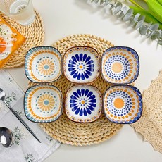 BLOWFISHFUGU 보헤미안반찬그릇 예쁜반찬그릇 사각양념접시 간식 그릇 150ML 6P, 6개, 블루