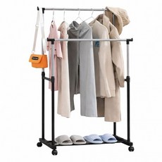 [옷걸이 행거] 이동식 다용도 스텐드 바퀴달린 이단행거 옷걸이 프리미엄 품질, 블랙/아이보리