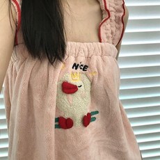 可愛大嘴鴨卡通刺繡浴裙 吸水雙肩可穿浴巾浴袍, 【強吸水】吊帶浴裙-粉色