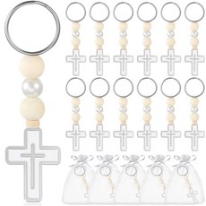Quelay 50세트 첫 성찬식 선물 묵주 비즈 십자가 키체인 화이트 오간자 가방 세례 (화이트), 48, 실버