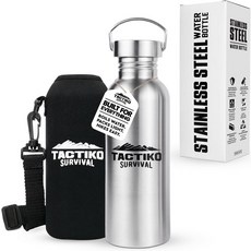 택티코 서바이벌 25온스750ml 스테인리스 스틸 와이드 마우스 물병 단일 벽 끓임 안전 누수 방지 캠핑 하이킹 야외 준비용 캐리어 슬리브 및 스트랩 포함 BPA 프리 블랙