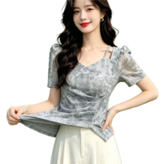 여성용 스판 망사 댄스복 상의 썸머 언밸런스 셔링 반팔 티 셔츠 뉴타임즈 05CW2303