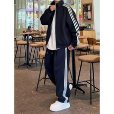 撞色三條槓運動休閒套裝 潮牌男士時尚百搭外套直筒褲特大碼兩件套