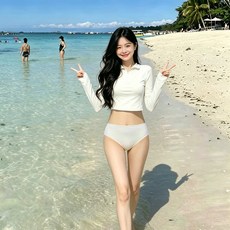 學生款三件套分體比基尼泳衣 長袖短褲防曬, 6624白色上衣+白色三角褲兩件套