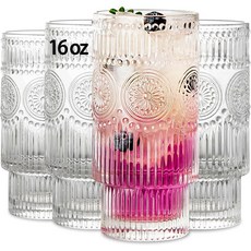 소울타임즈 4팩 대형 16온스 립 유리 제품 세트 플라워 디자인 스택형 유리컵 빈티지 텍스처의 투명 스트라이프 음료 바 주스 물 칵테일 스 커피용, 4 pcs-16 oz